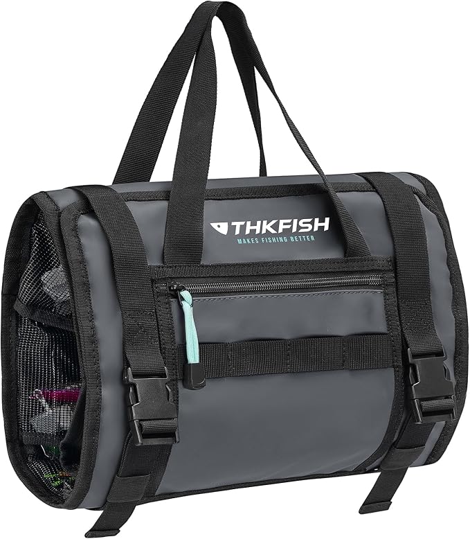 THKFISH Big Bait Bag, Roll-Up Large Trolling Lure Bag for Big Baits with 7 or 8 Heavy Duty PVC Protective Cover Pockets, Mesh Cleaning & Drying Tabs