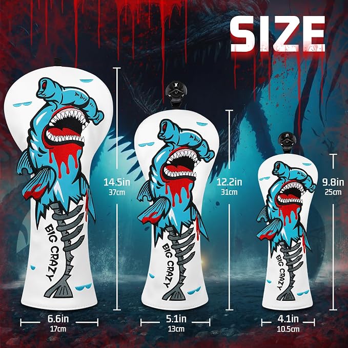 Big Crazy Golf Head Covers, Golf Club Covers Funny, Driver Headcovers, Golf Club Covers, Fairway Woods Head Covers, Hybrids Headcover, Putter Cover with Soft Lining for Golf Gift Hammerhead Sharks