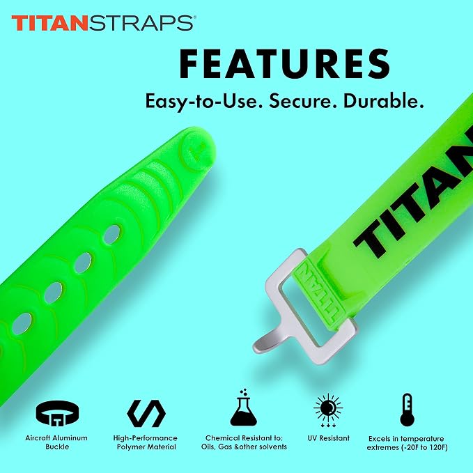 Titan Industrial Straps – Strong & Simple Tie-Downs for Construction (Welders, DIY Home) & 1st Responders – 3 Year Warranty, Batch Tested – 70 lb. Working Load, 20" Length, Lime Green, 2-Pack