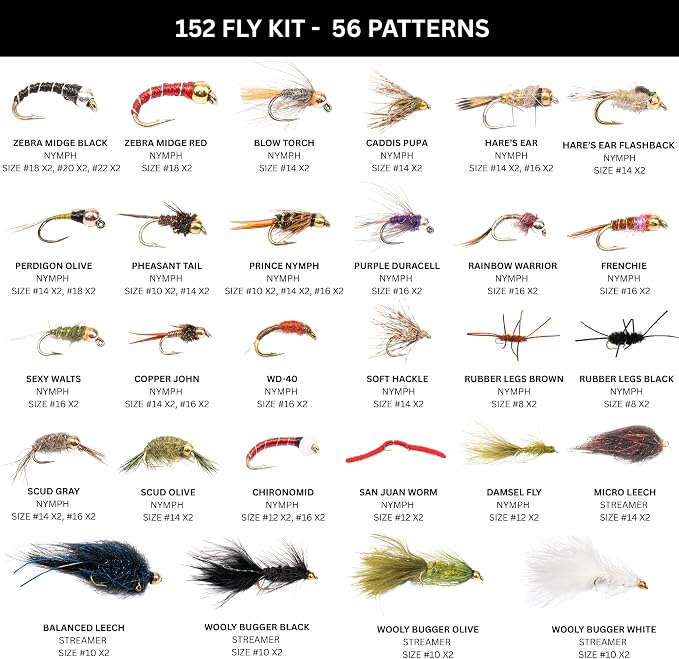 64-268 Piece Fly Fishing Flies Kit | Premium Hand Tied Trout Flies Assortment | Dry Flies, Nymphs, Streamers, Wooly Buggers, Terrestrials | Fly Box, Fly ID Card | Bass, Panfish
