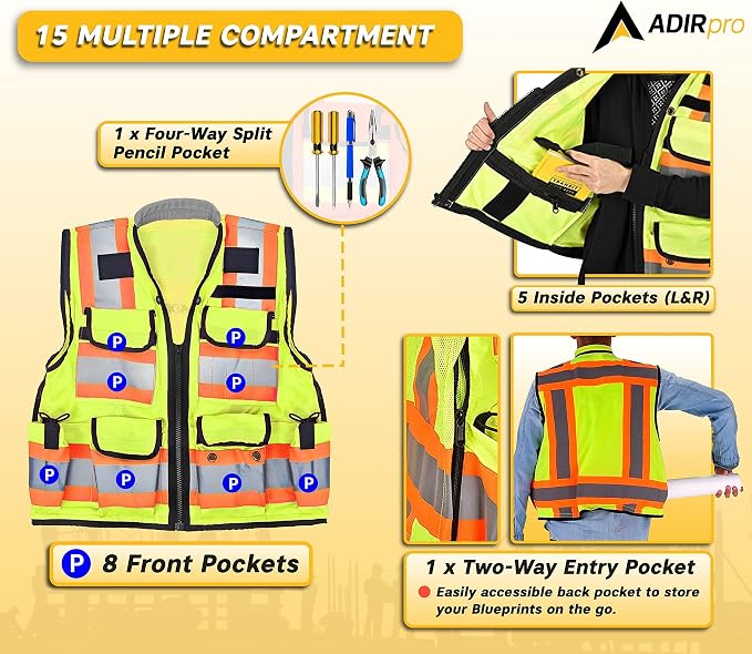 AdirPro Surveyor Safety Vest with Pockets - High visibility Reflective Construction Vest