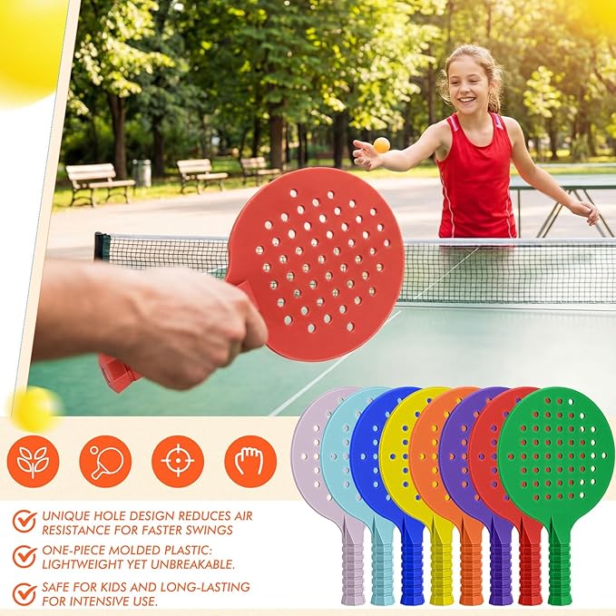 Junkin 16 Pcs Bulk Plastic Table Tennis Paddle Set Multi Color Sports Table Tennis Rackets Paddles Portable Equipment Accessories for Indoor Outdoor Games, Easy Grip and Light Spin