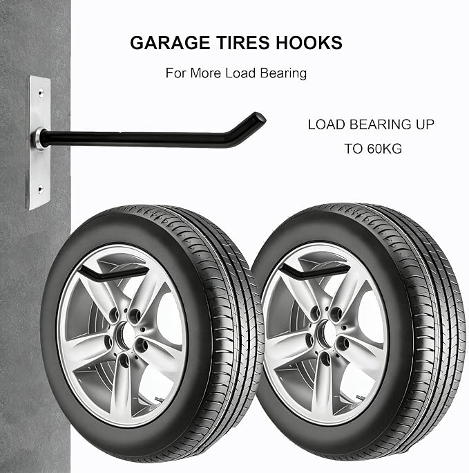 Sinoer 10-Inch Heavy Duty Steel Tire Rack Wall Mount (4-Pack) – Anti-Slip Garage Tires Hooks for Tire, Wheel, Ladder, Bike & Tool Storage – Garage Organization Hanger with Screws & Anchors, Black