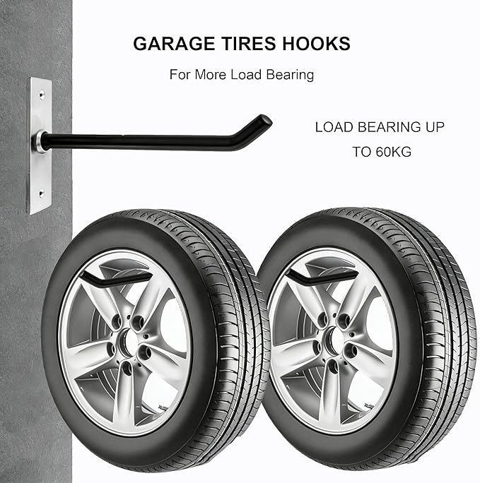 Sinoer 10-Inch Heavy Duty Steel Tire Rack Wall Mount (8-Pack) – Anti-Slip Garage Tires Hooks for Tire, Wheel, Ladder, Bike & Tool Storage – Garage Organization Hanger with Screws & Anchors, Black