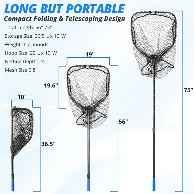 Long Collapsible Landing Net, Large Fishing Net with Telescoping Handle, Foldable, Extendable, Lightweight & Strong, Fish Net with Fish-Friendly Mesh for a Safe Release