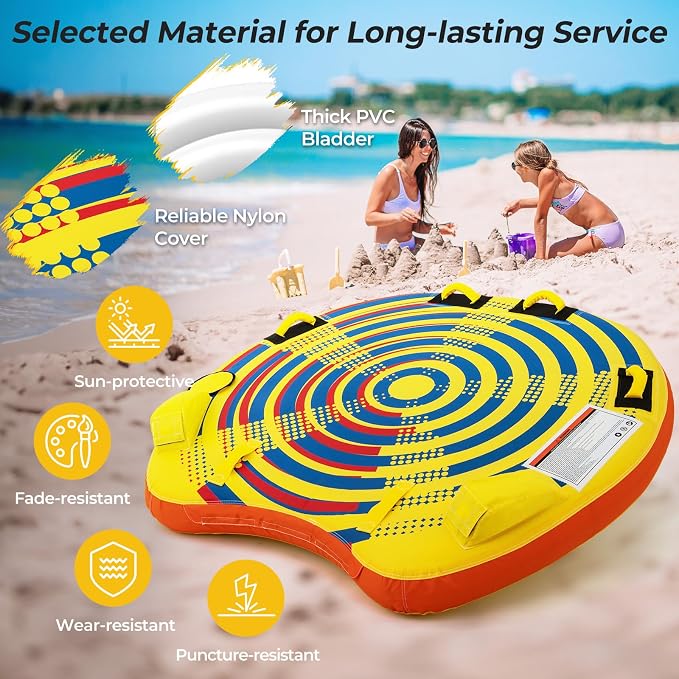 GYMAX Towable Tube for Boating, 2/3 Riders Inflatable Boat Tube for Water Sports to Pull with Padded Grip, Dual Tow Points, Full 900D Nylon Cover & Drainage System for River, Lake, Sea