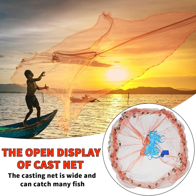 Saltwater Fishing Cast Net Eco-Friendly Rubber Sinker 1/2 Inches Mesh for Bait Shrimp Trap Fish Size 4FT/5FT/6FT/7FT/8FT/9FT/10FT/11FT/12FT Radius