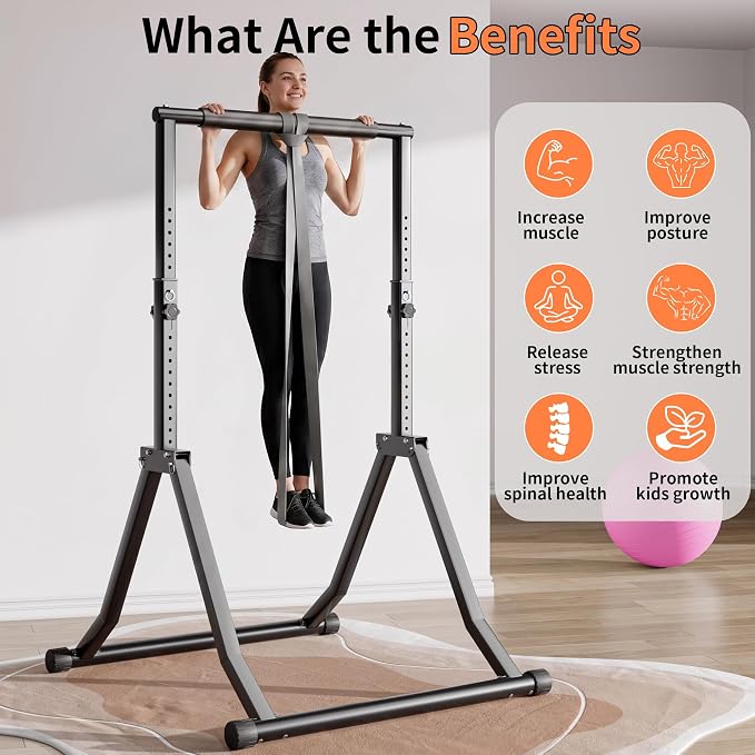 Foldable Power Tower Dip Station for Pull Ups, 66.1"-84.6" 12 Level 700 LBS, Adjustable Dip Handles & Assistance Bands Foldable Home Gym Equipment