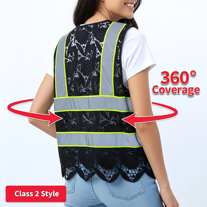 Lace-Mesh Safety Vest for Women & Men - Breathable, High Visibility Vest with Zipper & ANSI Class 2 Reflective Strips