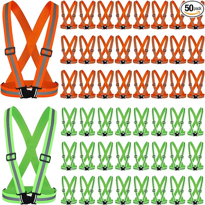 Hercicy 50 Pcs Reflective Vest High Visibility Safety Vests, Adjustable Running Gear Straps Lightweight Reflector for Construction (Green,Orange)
