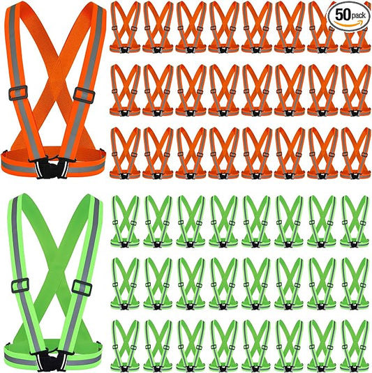 Hercicy 50 Pcs Reflective Vest High Visibility Safety Vests, Adjustable Running Gear Straps Lightweight Reflector for Construction (Green,Orange)