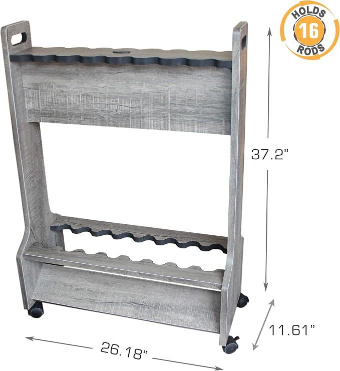 Rush Creek Creations Rolling Rod Holder for 16 Saltwater/Freshwater Fishing Rods, Pole Holder for Garage Organization and Room Storage, Gear and Accessories