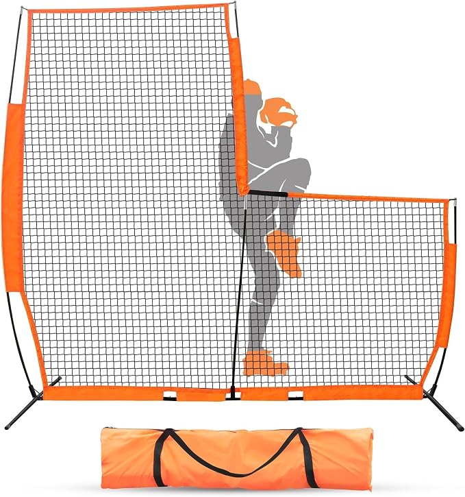 L Screen Baseball Pitching Screen for Batting Cage, Lightweight Pitch Training Accessory, 7x7 ft Pitcher Protection L-Screen Protector Net for Pitcher Safety