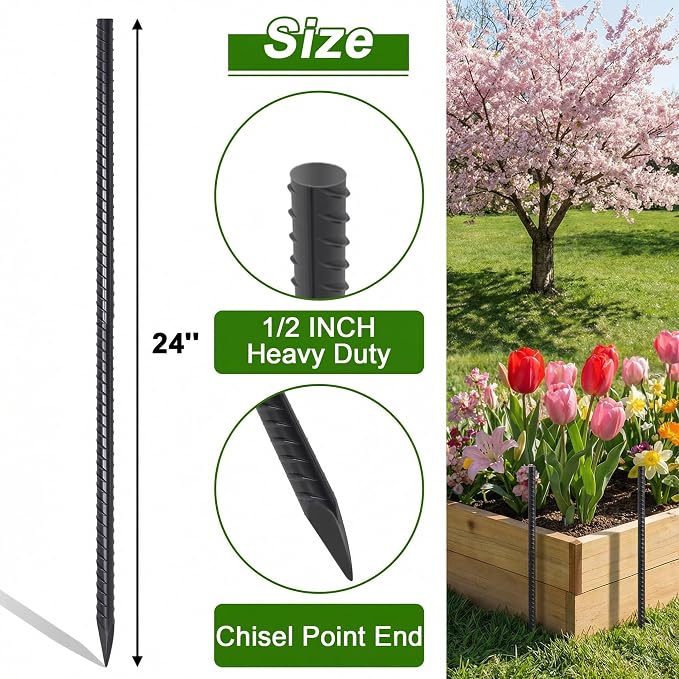 AAGUT Rebar Stakes 24 Inch Straight Garden Plant Stakes (20 pcs) 1/2" Thickness, Heavy Duty Metal Spikes for Concrete Forming, Landscape Timber, Fence, Ground Anchors with Chisel Point End, Black