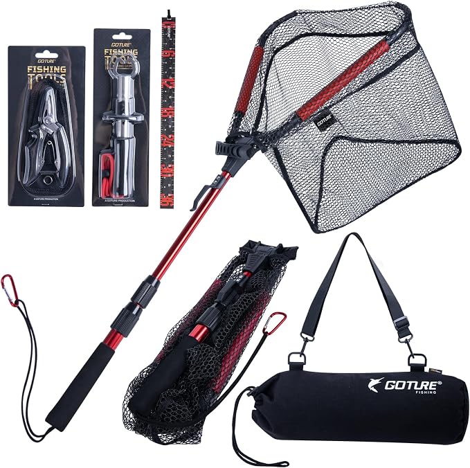 Goture Floating Fishing Net with Assist Handle, Aluminum Alloy Fixed or Telescoping Pole Handle, PVC Coated Nylon Mesh, Foldable Fish Landing Net, Carry Bag for Kayak, Fly, Bass, Trout Fishing