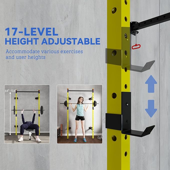 Soozier Folding Squat Rack with Adjustable Pull-Up Bar, 1000 Pounds Capacity Wall Mounted Power Rack, Adjustable Steel Barbell Rack with J Hooks for Home Gym Full Body Workout