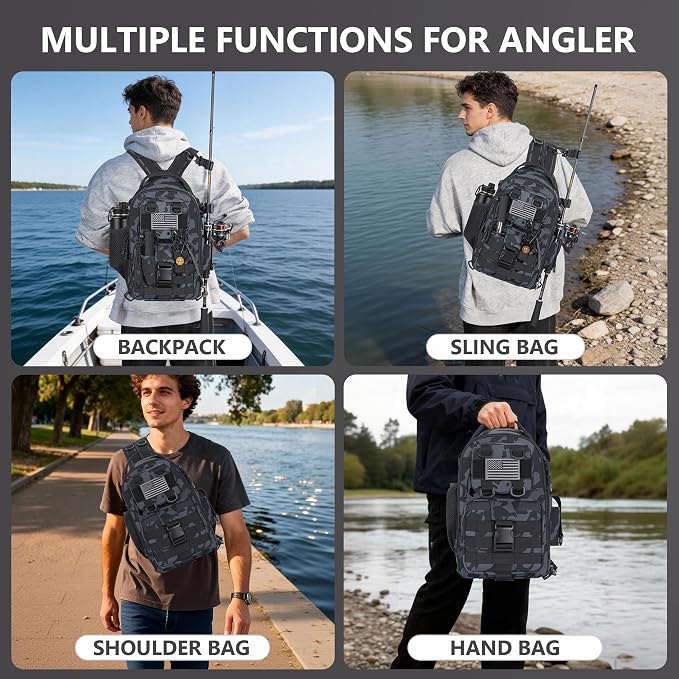 GMAK Fishing Backpack Tackle Sling Bag, Tactical Fishing Tackle Backpack with Rod & Gear Holder, Lightweight Outdoor Water-Resistant Tackle Gear Pack Shoulder Bags for Men Women, Black Camo