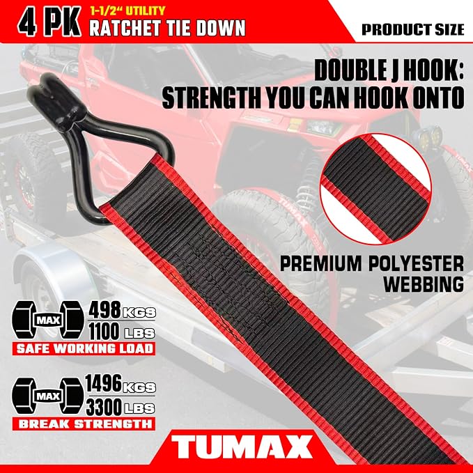 4 PK Universal Ratchet Straps Heavy Duty, 1.5" x 16 FT Tie Down Straps with Double J Hooks, 3300 lbs Break Strength, Ergonomic T-Handle & Ammo Box for Trailer, Truck, Motorcycle, ATV, UTV, Boat
