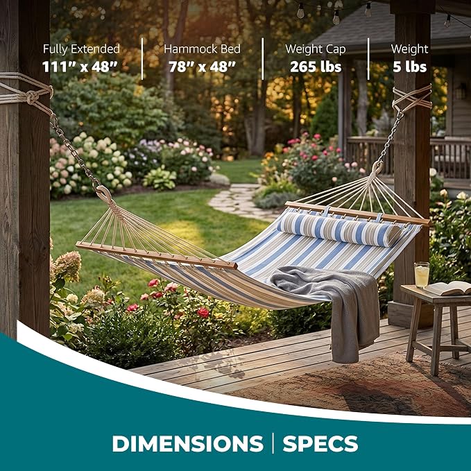 Bliss Hammocks BH-404H 48in Wide Caribbean Hammock w/Pillow, Poolside Patio Backyard Hammock, Includes Straps & Chains, Eco Friendly Polyester & Cotton Blend, 265 Pound Capacity, Nautical Stripe