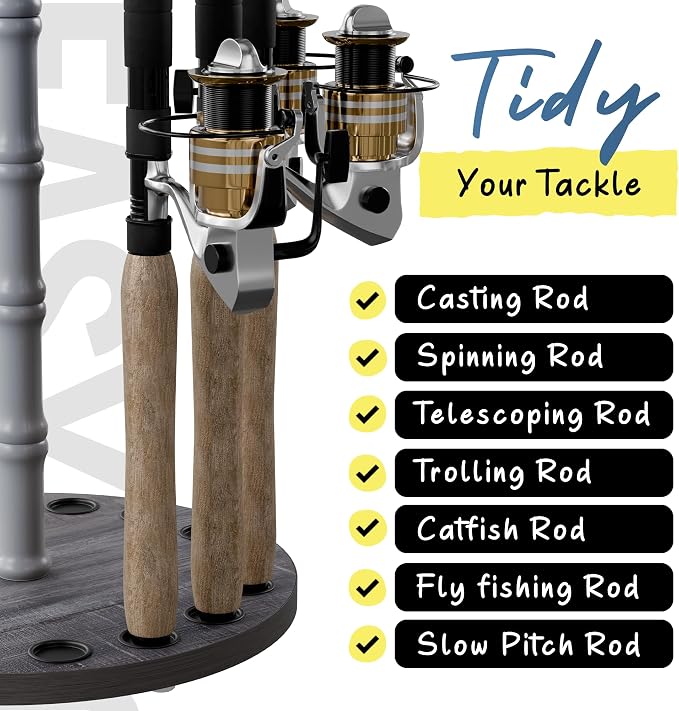 Rush Creek Creations 16-Rod Round Fishing Rod Holder for Garage, 360° Access Fishing Pole Holder for Fishing Rods, Reels, and Gear, Securely Holds 16 Rods, Barnwood