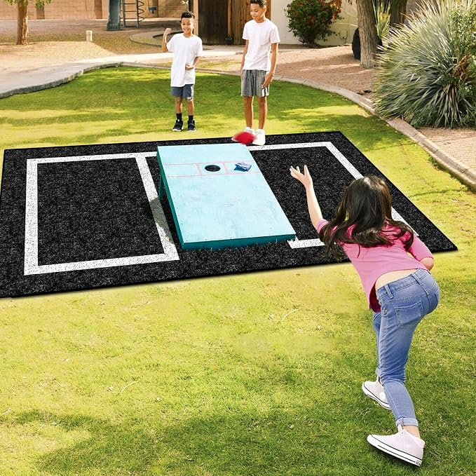 2 Packs Cornhole Mats 5 x 8 Ft Felt Prevent Slipping Cornhole Pads for Cornhole Board Pitch Pads Cornhole Board Accessories Mats on Grass Bags Clean (White Line)