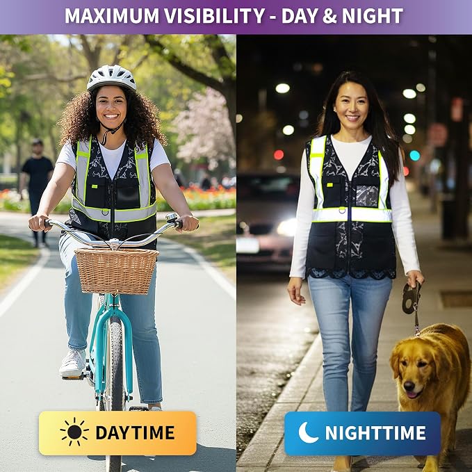 Lace-Mesh Safety Vest for Women & Men - Breathable, High Visibility Vest with Zipper & ANSI Class 2 Reflective Strips