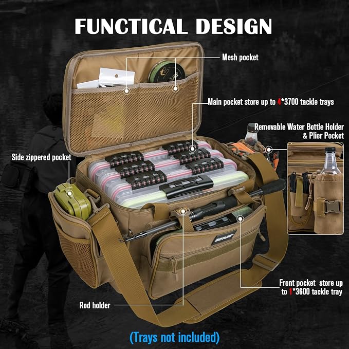 Goture Fishing Tackle Bag, Store Up to 4PCS 3700 Plus 2PCS 3600 Tackle Trays(Not Included), 600D Soft Side Gear Fishing Bag with Rod Straps,Detachable Water Bottle Pouch,Waterproof Bottom,SBS Zippers