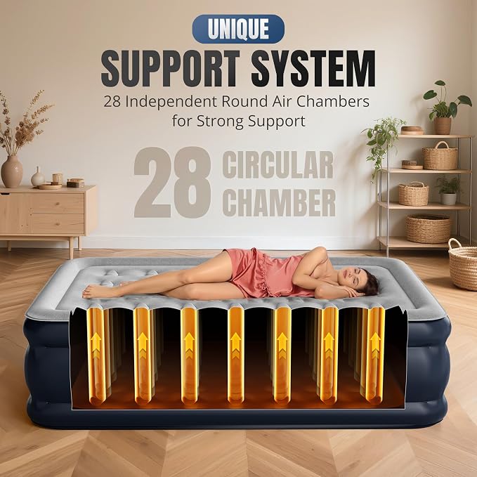 KNZZO Full Air Mattress with Built-in Pump, 18" Top Inflatable Mattress with Waterproof Flocking Fabric, Three-Minute Quick-Inflatable Bed. Portable Blow Up Mattress for Home, Outdoor and Guests