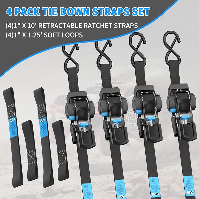CARTMAN 4-Pack Retractable Ratchet Straps, 1” x 10’ 1500lbs Break Strength, Heavy Duty Tie Down Straps with Soft Loops, Ideal for Trucks, Trailers & Cargo