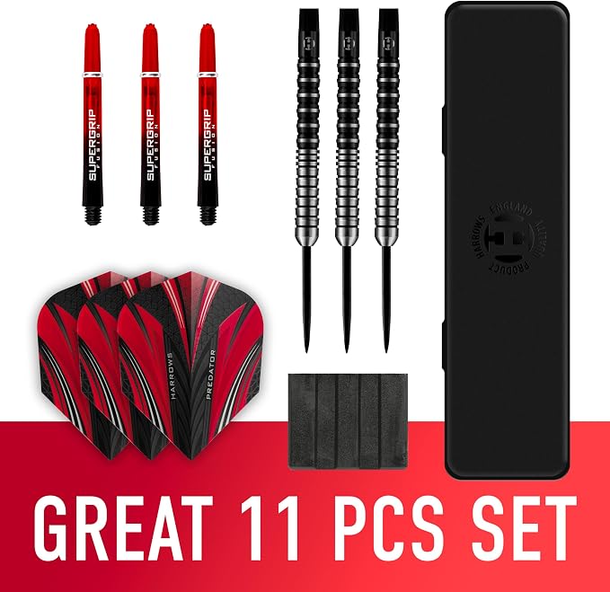 Harrows Predator 90% Tungsten Steel Tip Darts Set 21g, 22g, 23g, 24g, 25g & 26g - Includes Ultra Traction Grip, Supergrip Fusion Shafts, Prime Flights & Travel Case
