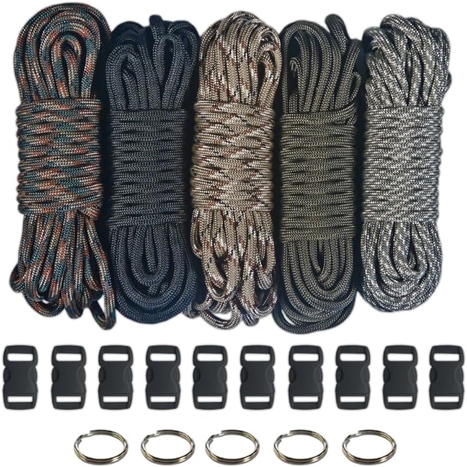 Paracord 550 Kit - Five Colors (Olive Drab, ACU, Woodland Camo, Desert Camo, and Black) - 100 Feet Total with (10) 3/8-Inch Black Side Release Buckles and (5) 32mm Key Rings