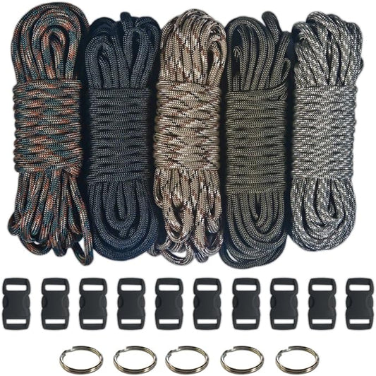 Paracord 550 Kit - Five Colors (Olive Drab, ACU, Woodland Camo, Desert Camo, and Black) - 100 Feet Total with (10) 3/8-Inch Black Side Release Buckles and (5) 32mm Key Rings