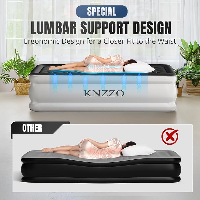 KNZZO Queen Air Mattress with Built-in Pump, 18" Top Inflatable Mattress with Waterproof Flocking Fabric, Three-Minute Quick-Inflatable Bed. Portable Blow Up Mattress for Home, Outdoor and Guests