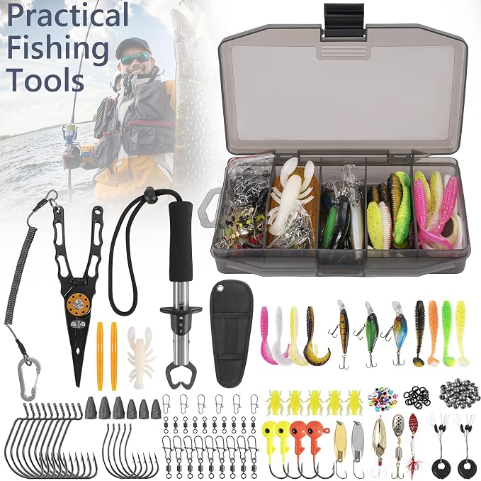 GMAK Fishing Backpack with Tackle Boxes, Fishing Sling Tackle Backpack Bag for Fish Gear With Rod Holder, Fish Kits Gifts for Men Women with Lures, Pliers, Lip Gripper, Black Kit