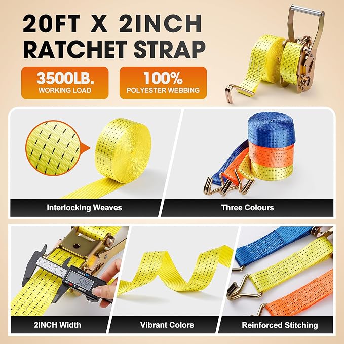 4Pack Ratchet Straps Heavy Duty-2 Inch x 20 Feet(7,500lb Break Strength), Tie-Down Ratcheting with J-Hook Cargo Straps Tiedown Ratchet for Moving and Transports with Trailers, Pickup, Flatbed Trucks