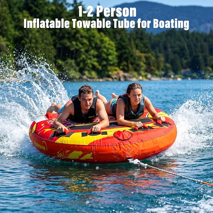 Dreamtrue 1-2 Person Inflatable Towable Tube for Boating, 340 LBS Capacity Heavy-Duty Water Tube with 840D Nylon Cover, 4+2 Safety Grips, EVA Padded, Quick Inflate/Deflate Towable Tube for Adults