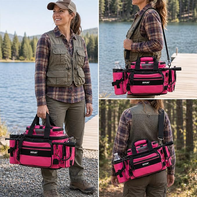 Goture Fishing Tackle Bag, 600D Water-Resistant Soft Side Crossbody Sling Bag with Rod Holder,Small Gear Storage Tactical Bags for Saltwater & Freshwater,Fits 4 3600 Tackle Boxes (Not Included)