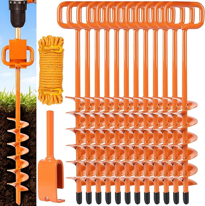 15in Screw in Tent Stakes for 2026 - Ground Anchors Screw in(Orange,12PCS) | Tent Stakes Heavy Duty with drill adapter and 30ft nylon rope; for tent anchors and heavy duty ground anchoring