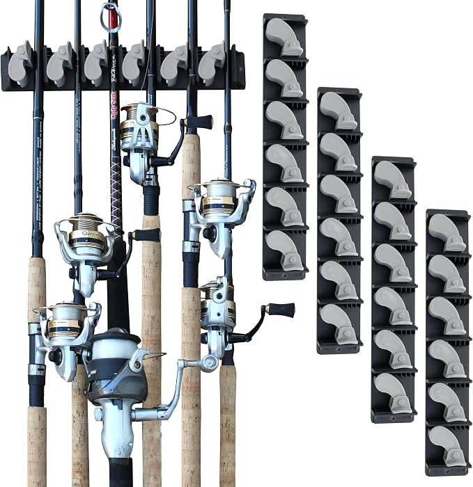 Rush Creek Creations Vertical Fishing Rod Holder, Wall Mounted Fishing Rod Rack, Holds up to 6, 12, 24 Rods or Combos, Fishing Rod Holders for Garage, Fits Most Rod Diameter 3-19mm (4)