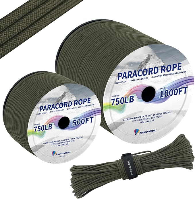 Paracordland-750LB Paracord Rope-100ft/500ft/1000ft- 9 Strand Parachute Spool Cord Heavy Duty String Ideal for Survival Gear Bracelet Camping Hikig Fishing-Army Green-500FT