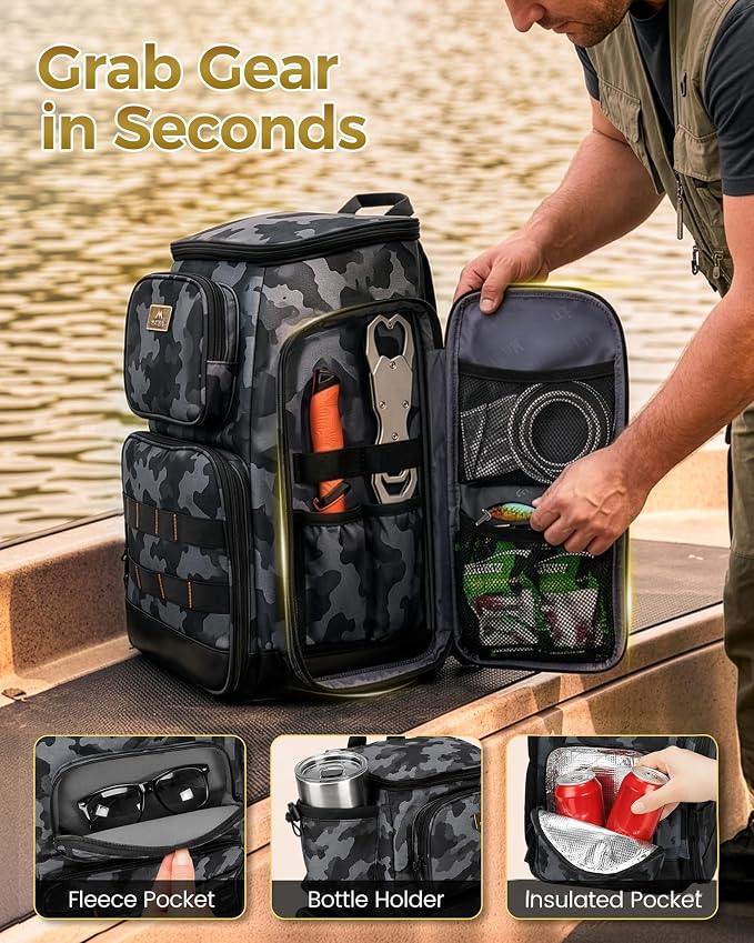 MATEIN Pro Fishing Backpack with 4 Tackle Boxes, 3600 Tackle Box Backpack | Fishing Bag with Rod Holder, Tackle Backpack with Large Side Gear Storage & Insulated Cooler Compartment, Fishing Gifts