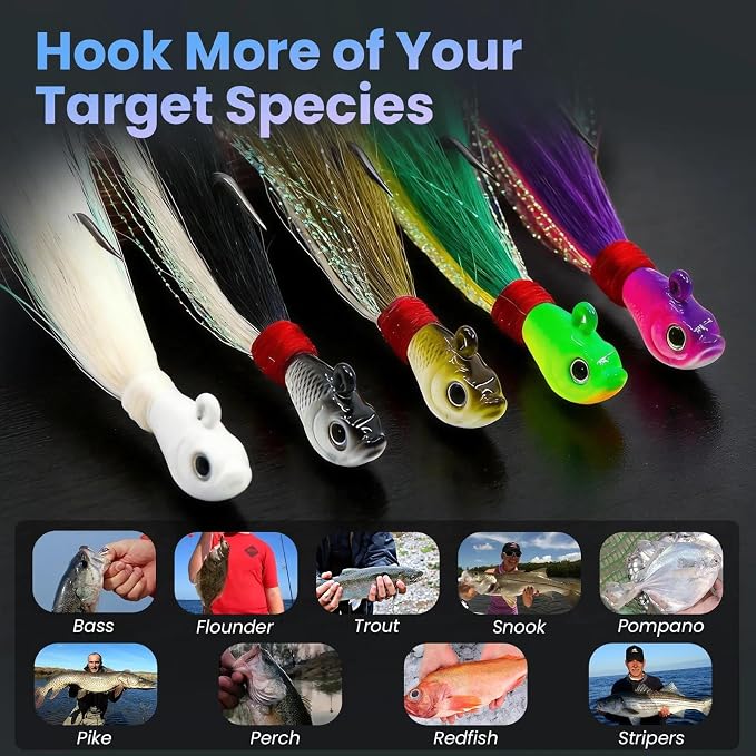 Natufish Bucktail Jigs 3/5Pcs Flash Hair Tail Lifelike Action Saltwater | Fishing Hair Jigs with Natural Deer Hair, 3D Eyes & Sharp Hook Design, Mimic Baitfish Movement 1/4oz-2oz Sizes