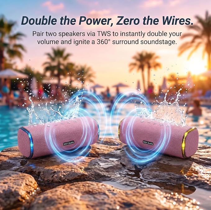 IPX7 Waterproof Bluetooth Shower Speaker | 30W RMS (40W Peak) Floating Pool Speaker, RGB Sync Lights, Built-in Mic for Hands-Free Calls, Pink