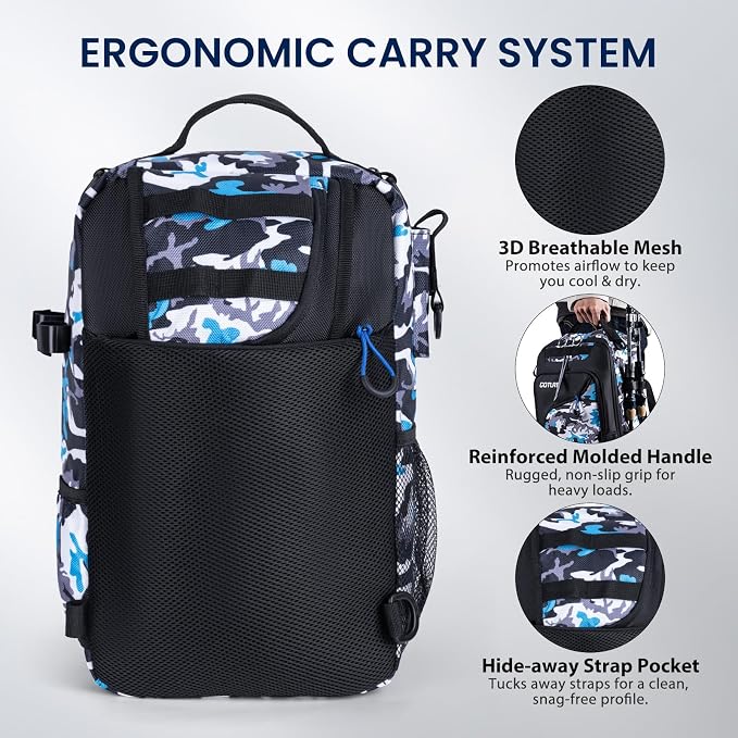 Goture Camouflage Fishing Tackle Bag, 1680D Water-Resistant Sling Fishing Backpack with Rod Holder, Anti-Slip Waist Strap, Tackle Bag with 3 3600 Trays, Fishing Gifts for Men Saltwater Freshwater