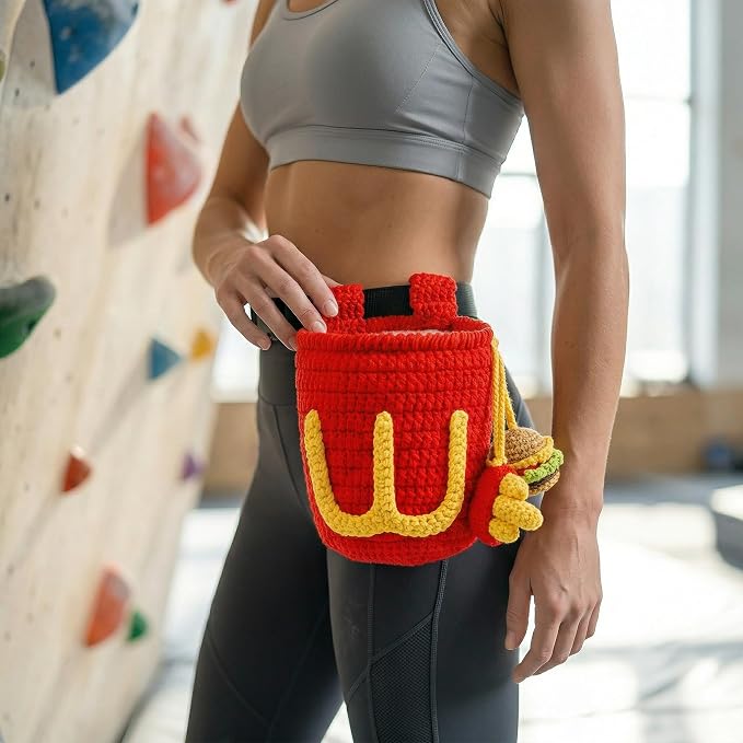 Handmade Crochet Rock Climbing Chalk Bag, Fun Plush Animal Chalk Pouch with Drawstring, Adjustable Waist Belt for Indoor Outdoor Bouldering Sport Climbing
