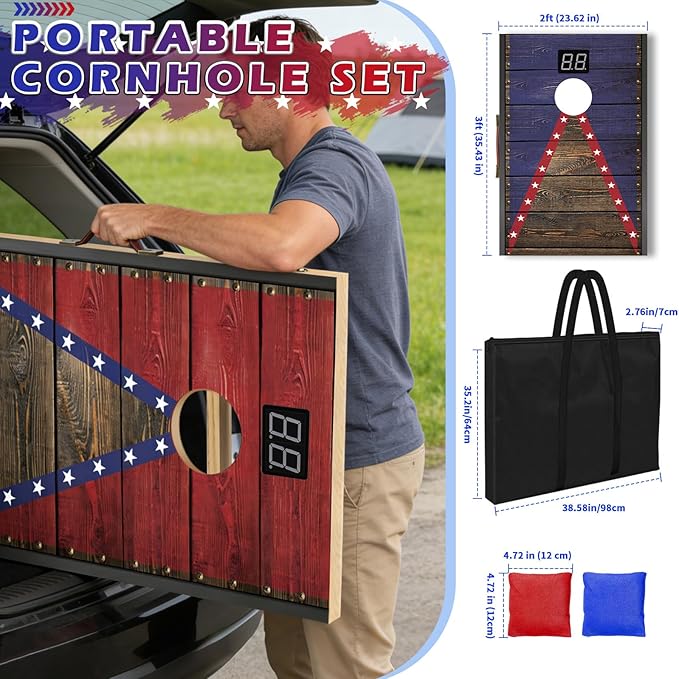 Electronic Cornhole Board Set 4x2ft 3x2ft 2x1ft, Automatic Scoring Corn Hole Games for Adults & Kids, Wooden Portable Cornhole Set with 8 Bean Bags & Carrying Bag for Outdoor, Tailgate, Party