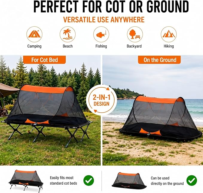 2 Pack Pop up Mosquito Tent for Camping 1 Person Instant Setup Foldable Bug Net Cot Tent with Ground Pin Portable Waterproof Screen Net for Cot Bed Hiking Summer Beach Outdoor