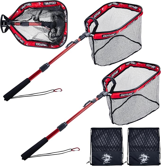 Goture Floating Fishing Net with Assist Handle, Aluminum Alloy Fixed or Telescoping Pole Handle, PVC Coated Nylon Mesh, Foldable Fish Landing Net, Carry Bag for Kayak, Fly, Bass, Trout Fishing