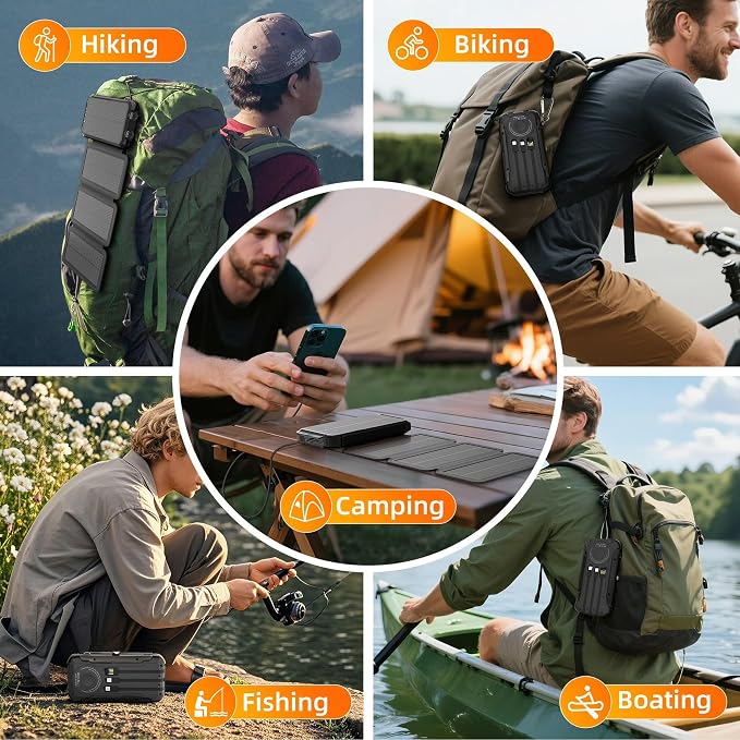 Solar Charger Power Bank Built-in 3 Cables and 4 Solar Panels, Portable Wireless Charger 10,000mAh, External Battery Pack with USB-C in/Output & Flashlight for Outdoor Camping
