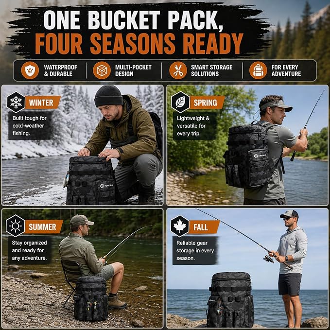 FUNHORUN Fishing Bucket Organizer for 5 Gallon Bucket, Fishing Tackle Bag with Backpack Straps, Detachable Lid & Multi-Pockets for Storage, Full Water-Resistant (Bucket, Seat & Tools Not Included)
